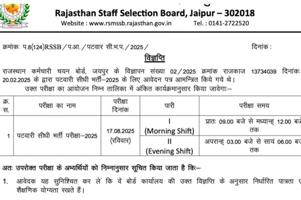 RSSB पटरी भर्ती 2025 – 3705 पदों के लिए 17 अगस्त को परीक्षा, यहां देखें अधिसूचना